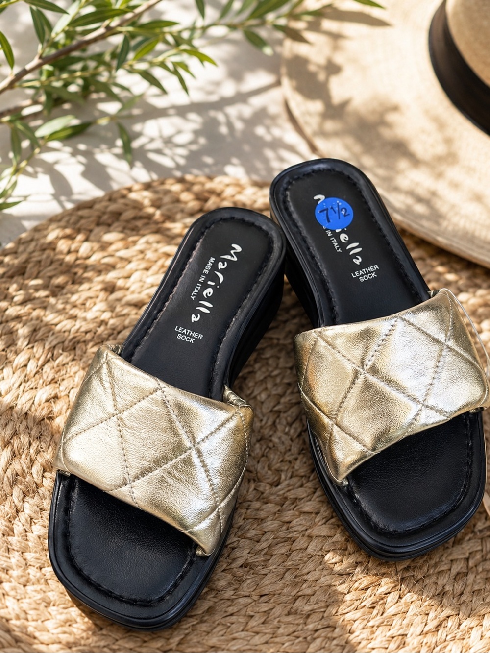 NWT Mariella Made In Italy Gold Quilted Leather Platform Slides Sz 7.5